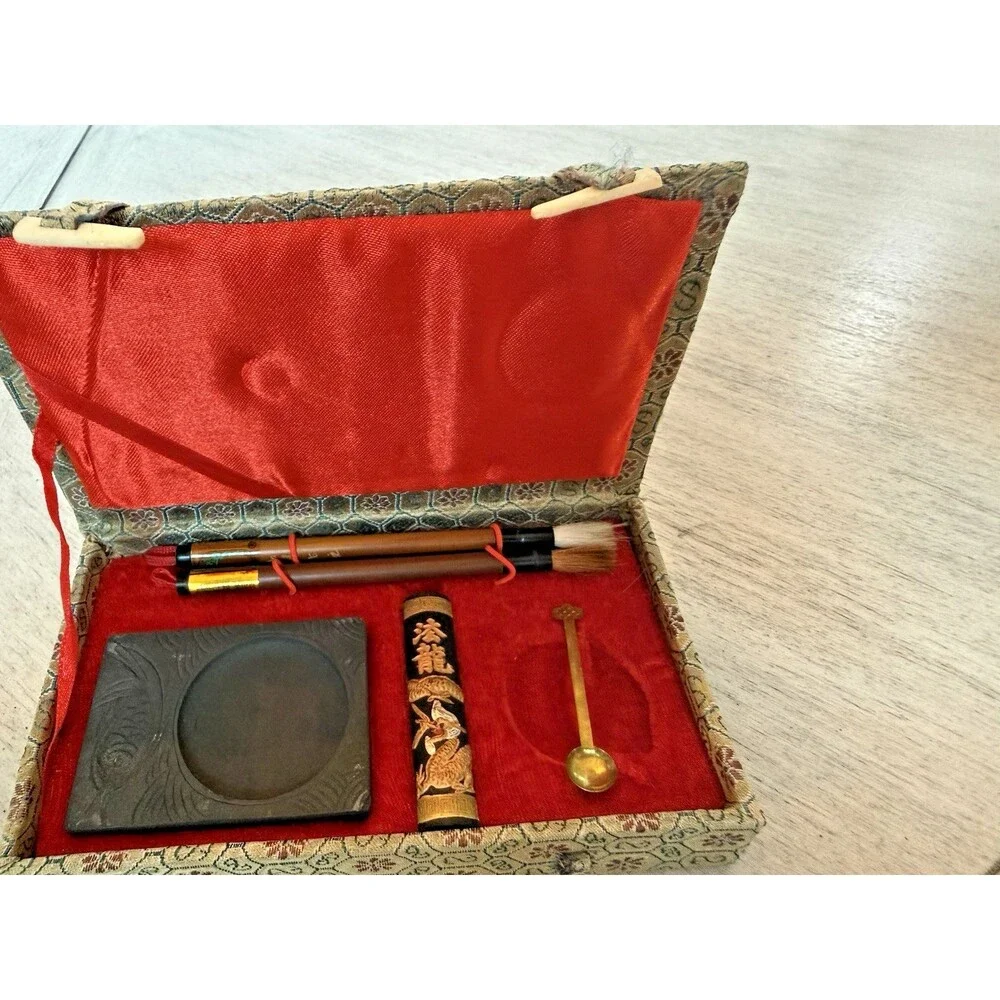 Japanese Calligraphy Set Inkstone Brush Writing Tools Silk Covered Storage Box